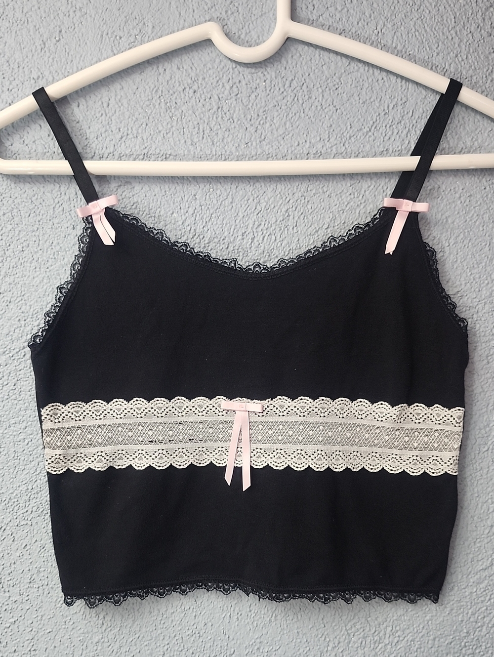 Black Lace-Trim Cami Tank with Pink Ribbon Detail